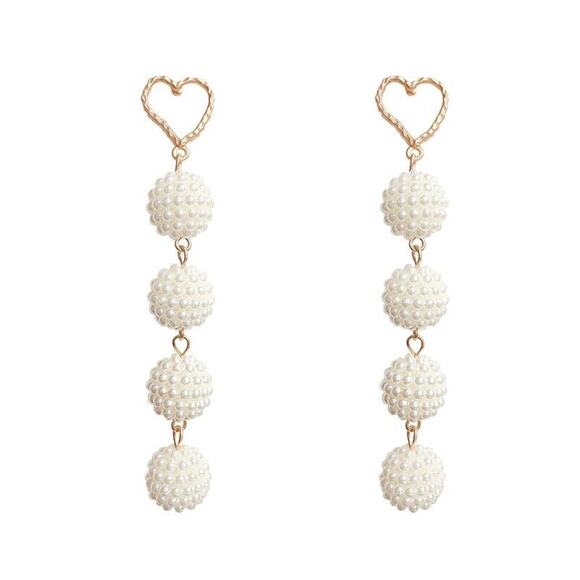 White Gold Tone Heart Texter Oval Solid Beaded Faux Pearl Earrings Boho Roun - Picture 7 of 10